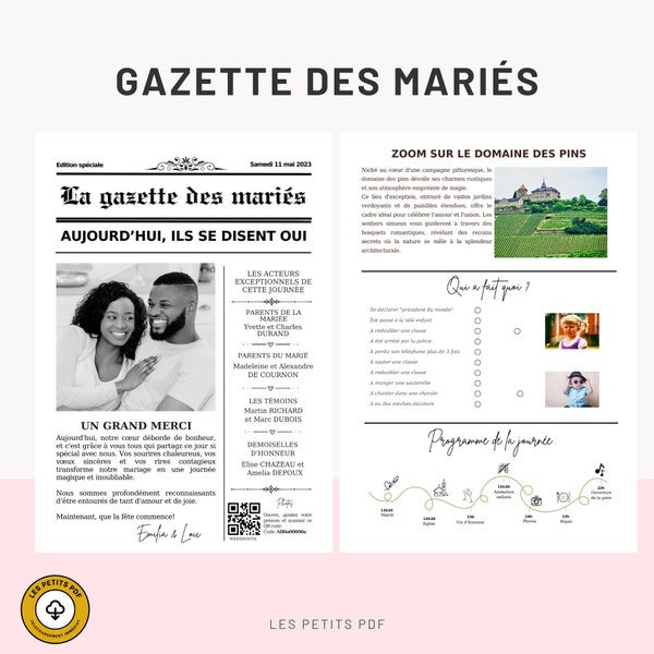 Gazette des Mariés - Modèle Faire Part Mariage -  Template Canva - Journal Personnalisable - Modèle Canva par Les Petits PDF