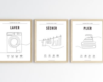 Set of 3 Laundry Room Posters Wash Dry Fold - Laundry Guide - Bathroom Decoration, Cellar - Printable Poster by Les Petits PDF