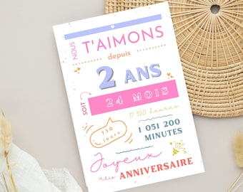 Affiche 2 ans   - Carte anniversaire 2 ans - Décoration de fête d'anniversaire  par Les Petits PDF