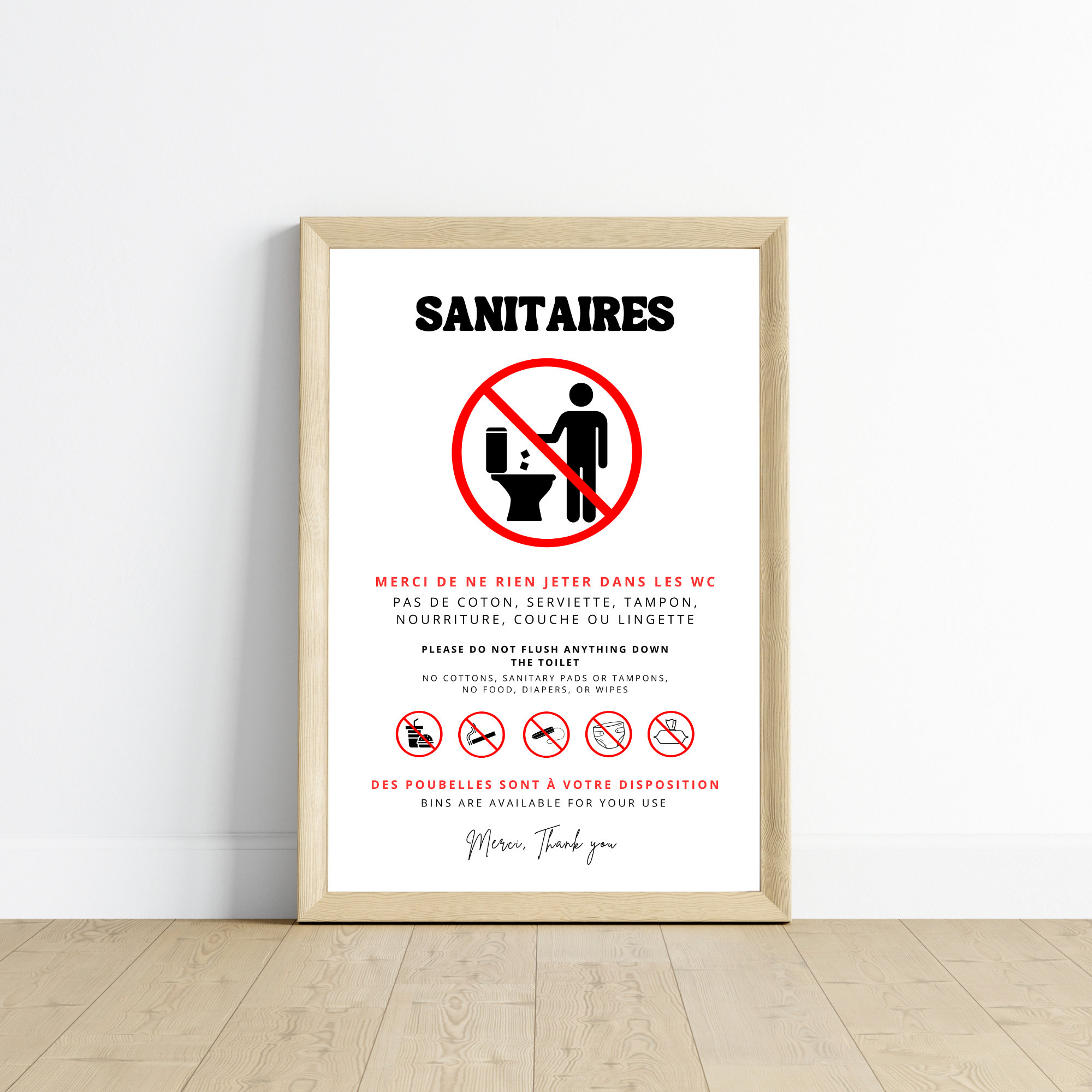 Affiche Sanitaires Ne rien jeter dans les WC en français et anglais Affiche toilette