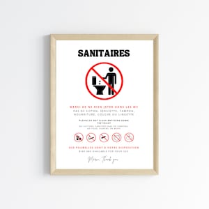 Peut inclure: Un panneau blanc avec du texte et des graphiques noirs et rouges. Le panneau indique "Sanitaires" et comprend un cercle rouge avec une ligne diagonale qui le traverse. À l'intérieur du cercle se trouve une silhouette noire d'une toilette et d'une personne avec la main tendue, indiquant que rien ne doit être jeté dans les toilettes. Le panneau comprend également une liste d'articles qui ne doivent pas être jetés dans les toilettes, tels que le coton, les serviettes hygiéniques, les tampons, la nourriture, les couches et les lingettes. Le panneau indique également que des poubelles sont à votre disposition. Le panneau se termine par les mots "Merci. Thank you."