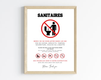 Sanitary Poster - Do not flush anything down the toilet in French and English - Toilet poster for sensitive pipes - Wall decoration