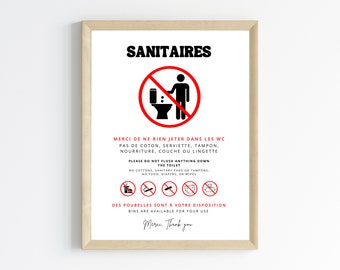 Affiche Sanitaires - Ne rien jeter dans les WC en français et anglais - Affiche toilette canalisation sensible par Les Petits PDF