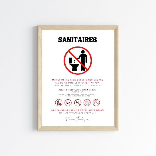 Affiche Sanitaires - Ne rien jeter dans les WC en français et anglais - Affiche toilette canalisation sensible par Les Petits PDF