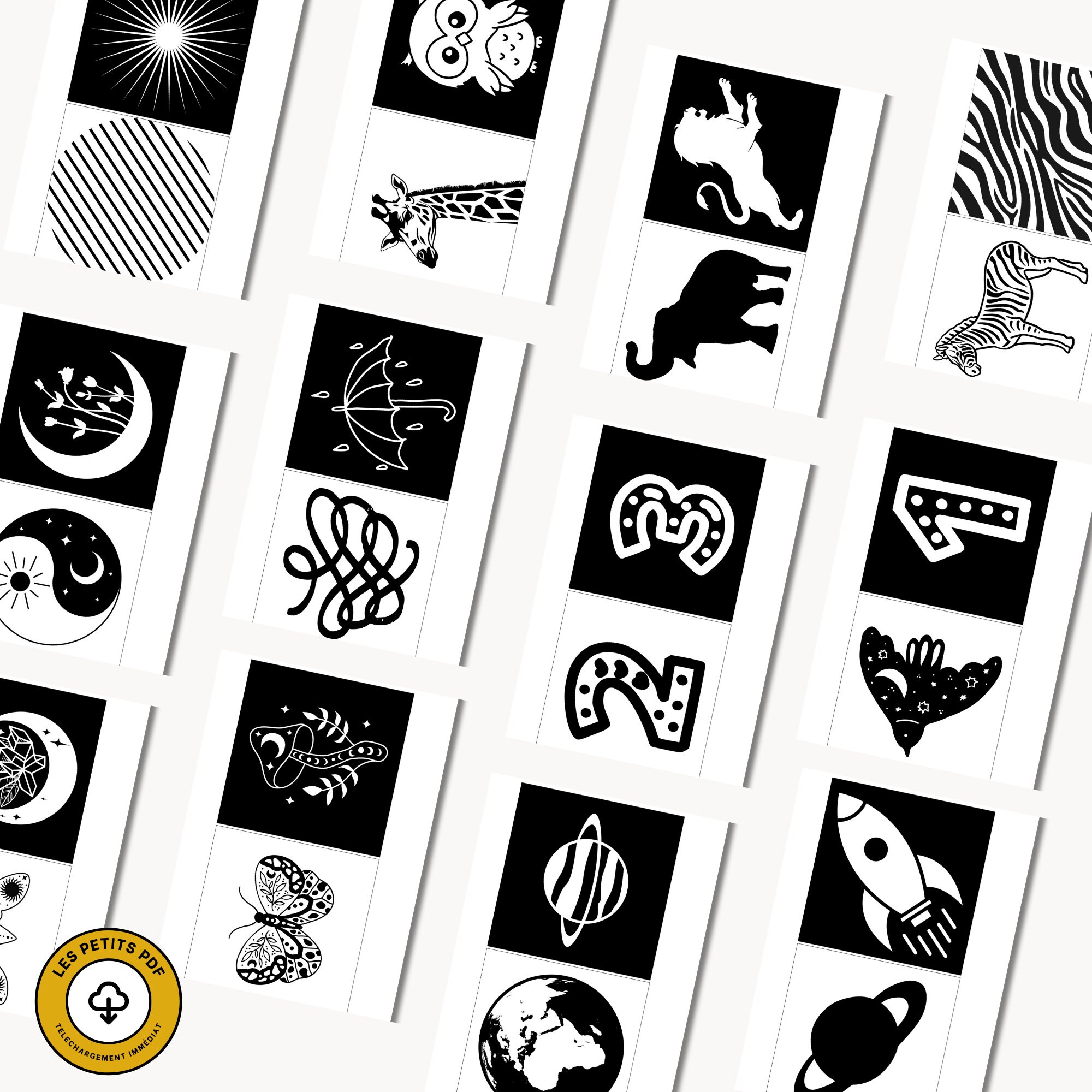 20 Cartes Contrastées Bébé Noir et Blanc - Montessori - Jeux & Sens