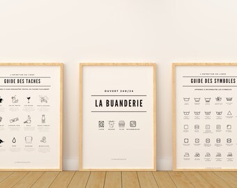 Set 3 affiches buanderie, Guide salle à lavage, symbole lave linge, Instructions pour vêtement par Les Petits PDF