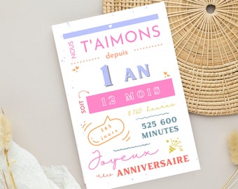 Affiche 1 an  - Carte premier anniversaire - Décoration de fête d'anniversaire  par Les Petits PDF