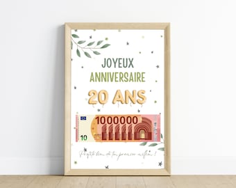 20th birthday money gift, your first million, surprise message poster for tickets to offer by Les Petits PDF
