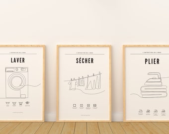 Set of 3 laundry posters wash dry fold - Bathroom pantry decoration - Printable poster by Les Petits PDF