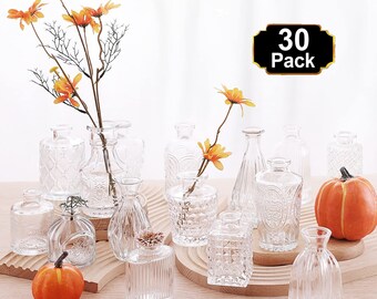Glass Bud Vase Set of 30 Pcs, Small Glass Vases for Flowers, Clear Bud Vases in Bulk, Vintage Vases for Centerpieces