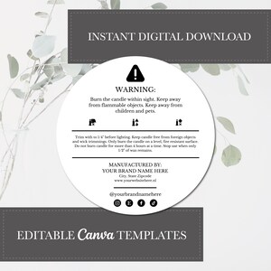 Modèle d'étiquette d'avertissement de bougie 2" Circle Design TÉLÉCHARGEMENT NUMÉRIQUE | Conception de modèle modifiable personnalisé avec Canva | Étiquette de sécurité de bougie