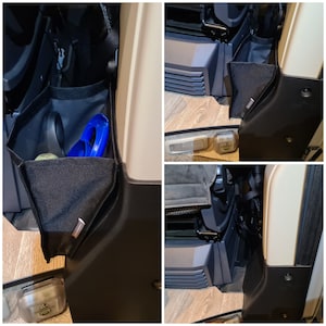 Pode incluir: Um close-up de um organizador de armazenamento de tecido preto com um recipiente de pl&aacute;stico azul e branco dentro. O organizador est&aacute; preso ao lado de um ve&iacute;culo.