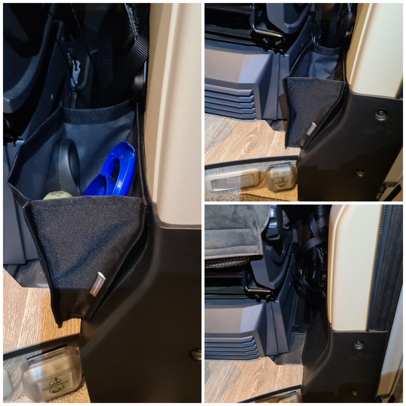Pode incluir: Um close-up de um organizador de armazenamento de tecido preto com um recipiente de pl&aacute;stico azul e branco dentro. O organizador est&aacute; preso ao lado de um ve&iacute;culo.
