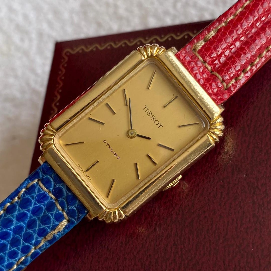 Vintage Tissot Stylist Tank Watch Gold Plated Manual Wind, Red