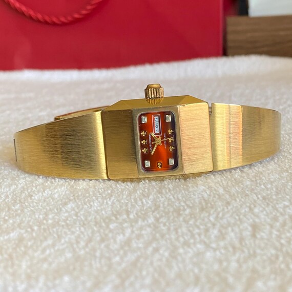 1970s Louis Rossel Automatic Watch – Red Dial Gold Tone Retro Bracelet Style View 2