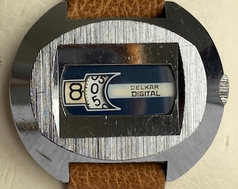 Vintage 1970s Watch DELKAR Jump Hour Digital Swiss Mechanica Blue Dial Wristwatch Women's
