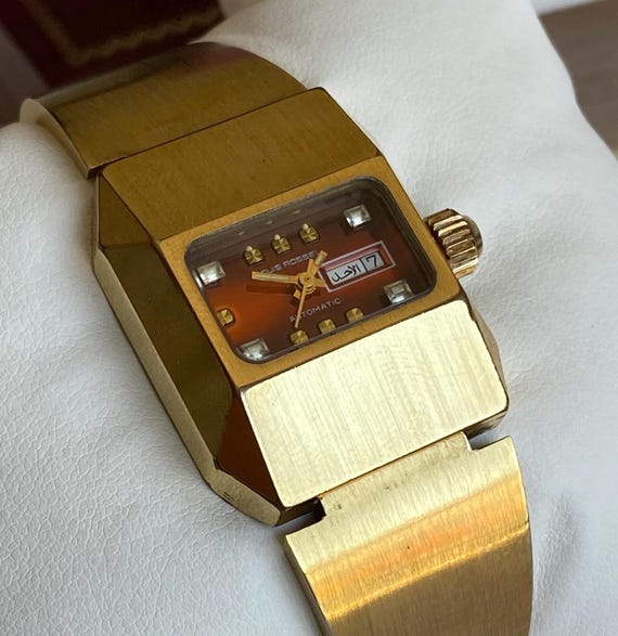 1970s Louis Rossel Automatic Watch – Red Dial Gold Tone Retro Bracelet Style