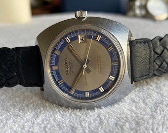 Vintage Sicura Automatic Watch | 1970s Swiss Made, Blue Ring Dial