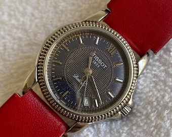 Vintage 1990s Tissot Ballade 1853 Women's Watch Quartz Swiss Made Red Leather Strap