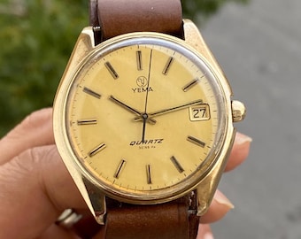 ヴィンテージ YEMA ゴールドトーン ドレスウォッチ – 39mm スイス製クォーツ レトロ ミニマリスト ウォッチ