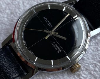 Watch Polerouter Genève Style MUNDY Vintage Black Dial Manual Winding 33mm Swiss Leather Strap