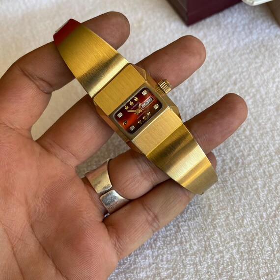 1970s Louis Rossel Automatic Watch – Red Dial Gold Tone Retro Bracelet Style View 4