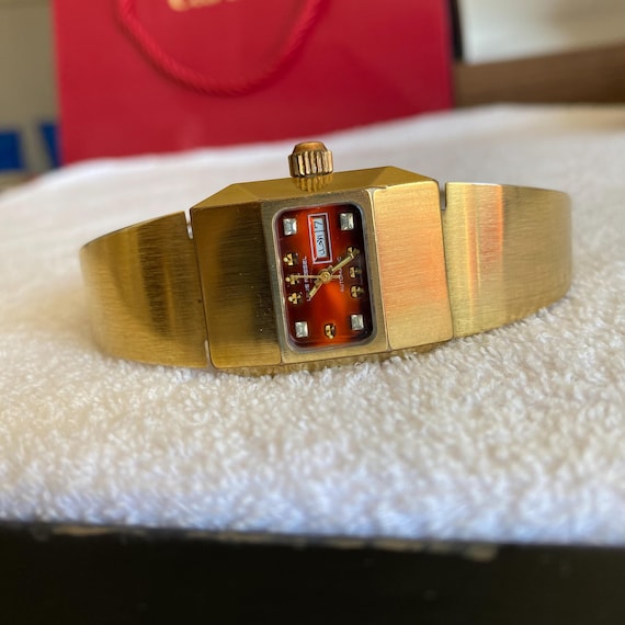 1970s Louis Rossel Automatic Watch – Red Dial Gold Tone Retro Bracelet Style View 6