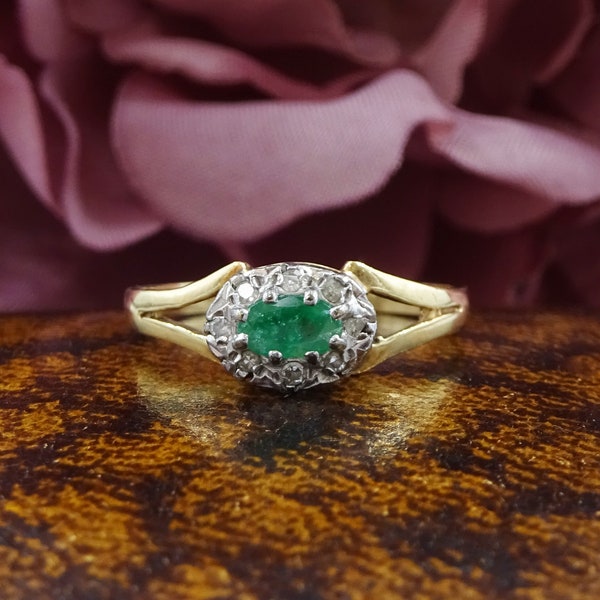Vintage 9ct gold oval Emerald & single-cut Diamond cluster ring, UK size M – N, Women’s jewellery engagement / dress ring, split shank
