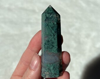 Moss Agate Tower with Quartz Pocket Moss Agate Tower Moss Agate Point with Blue Chalcedony Obelisk Crystal Tower Metaphysical Crystal Lover