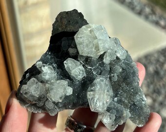 Apophyllite on Druzy Black Chalcedony Raw Crystal Cluster