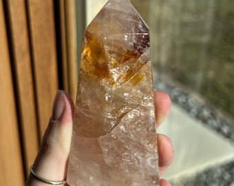 Rose Quartz Golden Healer Tower Crystal Hematoid and Hematite Quartz Tower Fire Quartz Point
