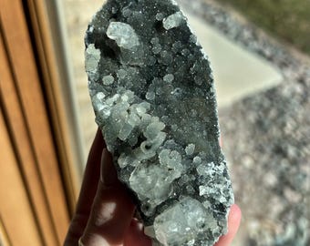 Apophyllite on Druzy Black Chalcedony Raw Crystal Cluster