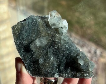 Apophyllite on Druzy Black Chalcedony Raw Crystal Cluster Metaphysical Crystals