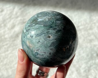 Moss Agate Sphere with Banded Agate Crystal Sphere Moss Agate Crystal Gift for Crystal Lover Gift Metaphysical Crystal Sphere Agate