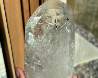 Clear Quartz Tower with Raw Smokey Quartz Points, Rainbow Filled Clear Quartz Crystal Tower Quartz Point