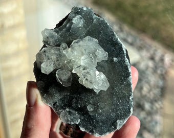 Apophyllite on Druzy Black Chalcedony Raw Crystal Cluster