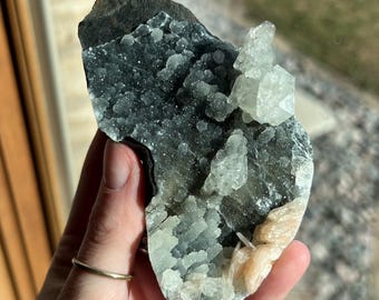Apophyllite on Druzy Black Chalcedony Raw Crystal Cluster with Peach Stillbite