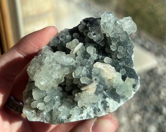 Apophyllite on Druzy Black Chalcedony Raw Crystal Cluster with Peach Stillbite