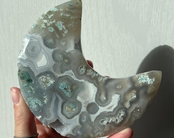 Moss Agate Moon Carving Crystal Moon Carving Moss Agate Blue Chalcedony Druzy Agate Druzy Quartz Moon Crystal Carving Spiritual Crystal