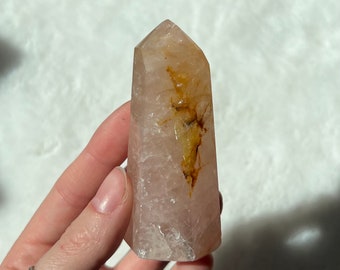 Rose Quartz Golden Healer Tower High Quality Crystal Tower Crystal Gift for Crystal Lover Gift Crystal Tower Crystal Hematoid Quartz Tower
