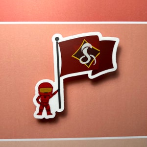 May include: A red and white sticker featuring a cartoon character holding a flag with a white snake logo on a red background. The flag has a white diamond shape with the snake inside.