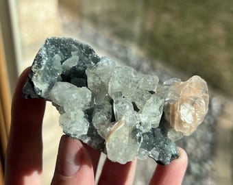 Apophyllite on Druzy Black Chalcedony Raw Crystal Cluster with Peach Stillbite