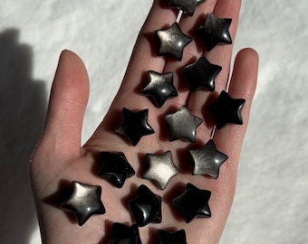 Mini Silver Sheen Obsidian Stars Set of Two | Small Star Crystal Carving Pocket Crystal Gift for Crystal Lover