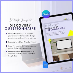 May include: A digital template for a website project discovery questionnaire. The template is designed to help uncover a brand's story, define its audience, and set clear goals for website project success. The template is ready to customise in Canva or to copy and paste from in a formatted Google Doc.