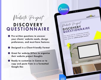 Website Project Discovery Questionnaire Template | Canva Template and Google Doc – Perfect for Beginner Web Designers & Website DIYers