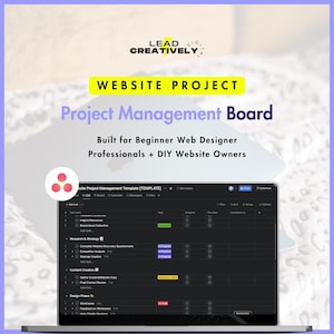 May include: A screenshot of a website project management board template. The board is organised into columns labelled "List", "Board", "Calendar", "Messages", "Files", "Tags", "Assignees", "Due Date", "Completed On", and "Actions". The board is filled with tasks related to website design and development, such as "Research & Strategy", "Content Creation", and "Design Phase".