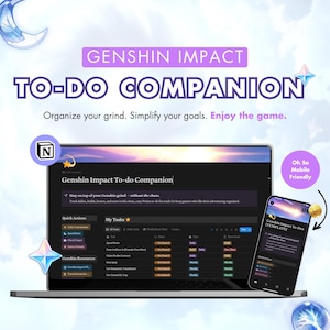 Op de afbeelding: Een laptop en smartphone tonen een "Genshin Impact To-Do Companion" sjabloon. Het laptopscherm toont een gedetailleerde Notion to-do lijst, terwijl de telefoon een mobiele versie weergeeft. De tekst luidt: "Organiseer je dagelijkse bezigheden. Vereenvoudig je doelen. Geniet van het spel."