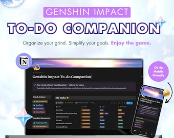 Genshin Impact Notion Template | Daily & Weekly Tracker for Busy Gamers | Character Farming Planner + Mobile Dashboard
