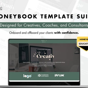 Peut inclure: Un écran d'ordinateur portable affichant un site Web avec le texte "Hello Creativ+" et les mots "Honeybook Template Suite" dans une bannière jaune en haut de l'image. Le texte "Designed for Creatives, Coaches, and Consultants" est sous la bannière. Le texte "Onboard and offboard your clients with confidence." est en dessous. Un badge jaune avec le texte "Honeybook Educator" est dans le coin supérieur droit de l'image.