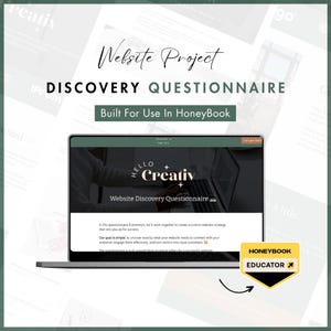 Puede incluir: Una pantalla de computadora portátil que muestra un cuestionario de descubrimiento de sitio web para un negocio llamado "Creativ". El cuestionario está diseñado para ayudar a las empresas a crear una estrategia de sitio web personalizada que las prepare para el éxito. El texto en la pantalla dice "Cuestionario de descubrimiento de sitio web" y "Nuestro objetivo es simple: descubrir exactamente qué necesita su sitio web para conectarse con su audiencia, involucrarlos de manera efectiva y convertir a los visitantes en clientes leales."